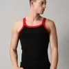 Classic gym vest for men in black with red trim sleeveless athletic design