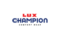 Lux Champion Comfort Wear logo featuring red and blue brand typography on a transparent background.