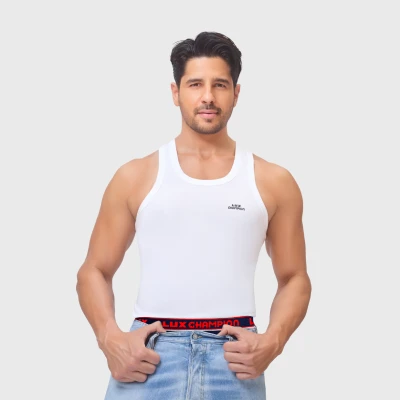 Sidharth Malhotra wearing a white Lux Champion vest in brand campaign image